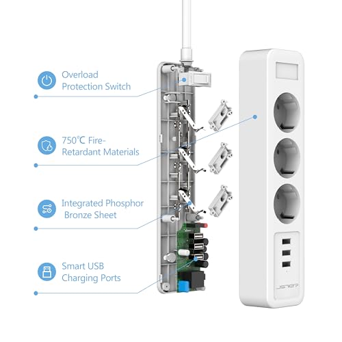 Jsver - Power Strip with 3 USB Ports, Surge Protection, Wall Mountable, 3680W