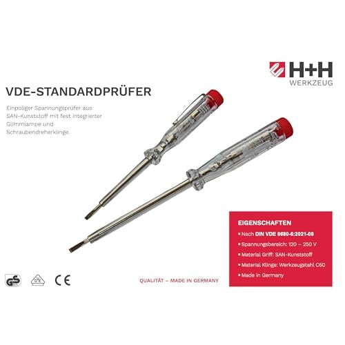 H+H 45200 45500 VDE Standard Tester 45200/45500 Voltage Tester/Phase Tester Set up to 250 V 4 Pieces (2X 45200 / 2X 45500) GS Tested 0680 Made in Germany, Transparent/red, 2X 140 mm / 2X 190 mm - Medaid International