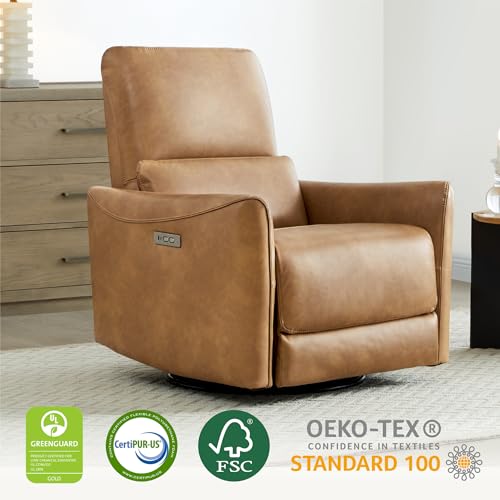 CHITA Power Recliner Chair Swivel Glider, FSC Certified Upholstered Faux Leather Living Room Nursery Reclining Sofa Chair with Lumbar Support, Cognac Brown|B09BYSRP2V