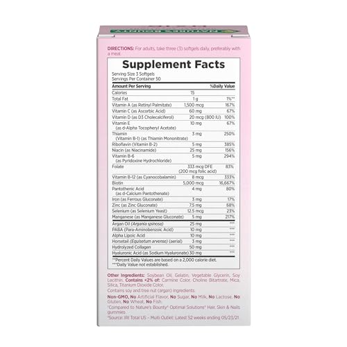 Nature's Bounty Advanced Hair, Skin & Nails, Argan-Infused Vitamin Supplement with Biotin and Hyaluronic Acid, 150 Rapid Release Softgels, 50 Total Servings - Medaid International