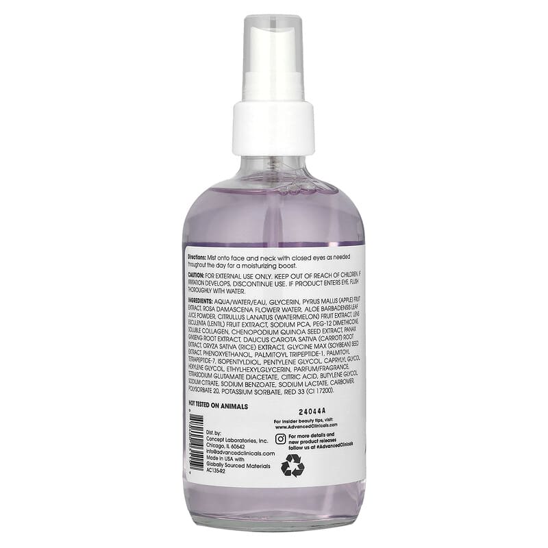 Advanced Clinicals, Collagen + Rosewater, Plump + Glow Facial Mist, 222 ml - Medaid International