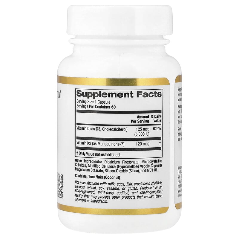 California Gold Nutrition, Vitamin D3 + K2, 60 Veggie Capsules - Medaid International