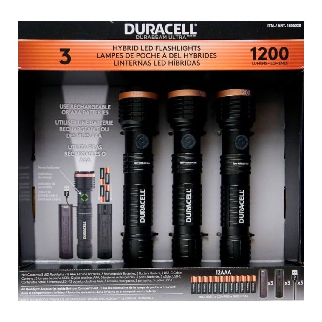 DURACEL - 3 LED FLASHLIGHTS - 12 AAA ALKALINE BATTERIES - 3 RECHARGEABLE BATTERIES - 3 USB - C CABLES - 3 BATTERY HOLDERS - Medaid International
