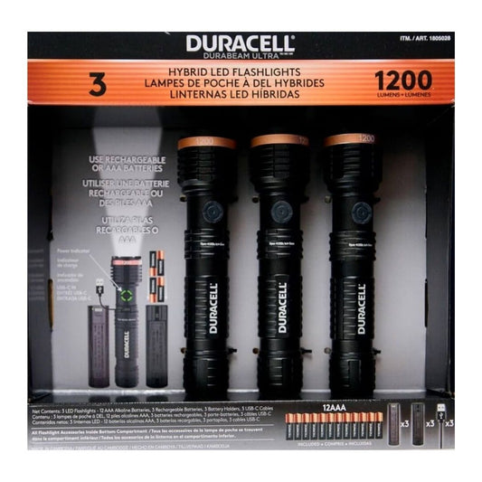 DURACEL - 3 LED FLASHLIGHTS - 12 AAA ALKALINE BATTERIES - 3 RECHARGEABLE BATTERIES - 3 USB - C CABLES - 3 BATTERY HOLDERS - Medaid International