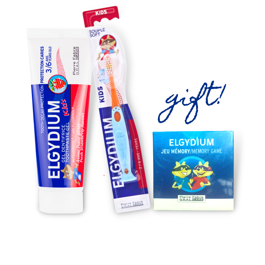 Elgydium Kids Fresh Strawberry Toothpaste Ages 3 to 6 + ELGYDIUM KIDS TOOTHBRUSH AGES 2 TO 6 + FREE Memory Game - Medaid