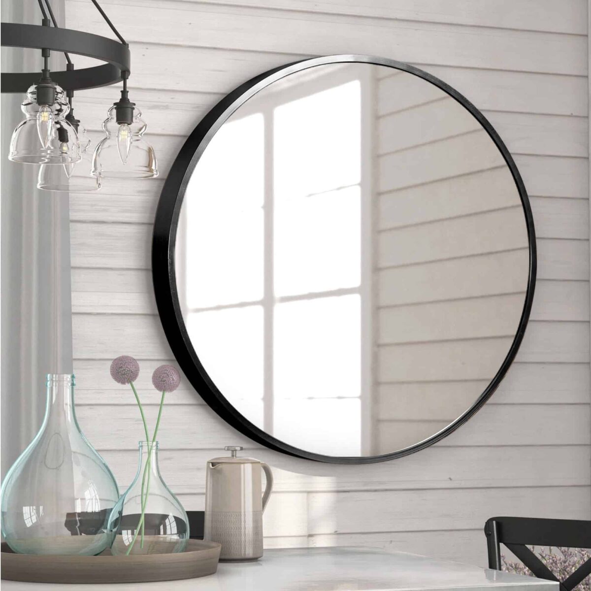 60 CM, Round Wall-Mounted Aluminum Frame Mirror with Shelf, Round Pendant Mirror, Decorative Mirror - Medaid