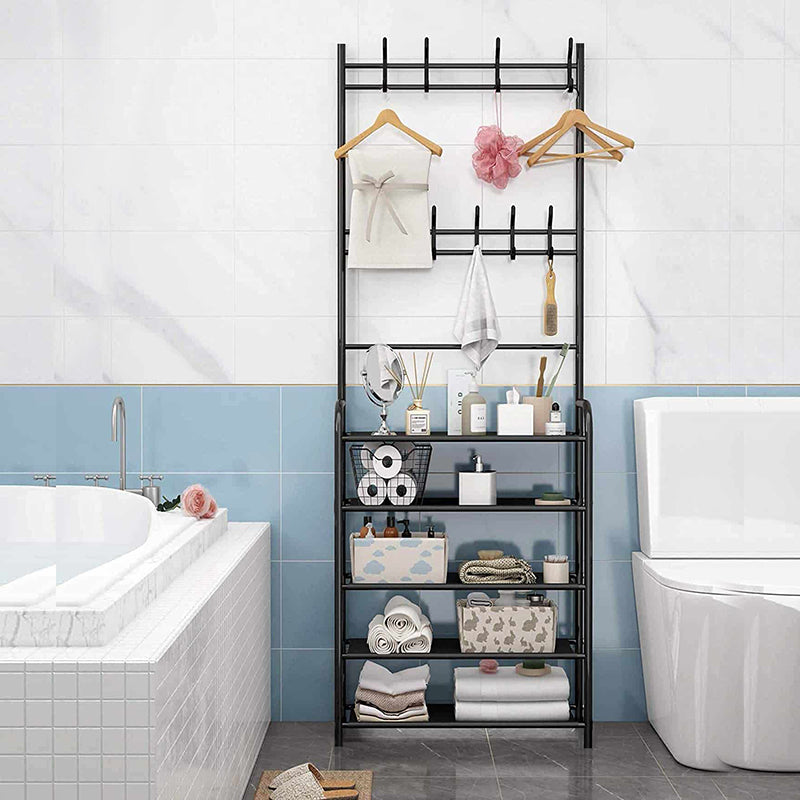 5 Tier Shoe Rack with 8 Removable Hooks Multifunctional Storage Shelves and Coat Hangers Shoe Stand Organizer for Bedroom Hallway and Entryway Black - Medaid International