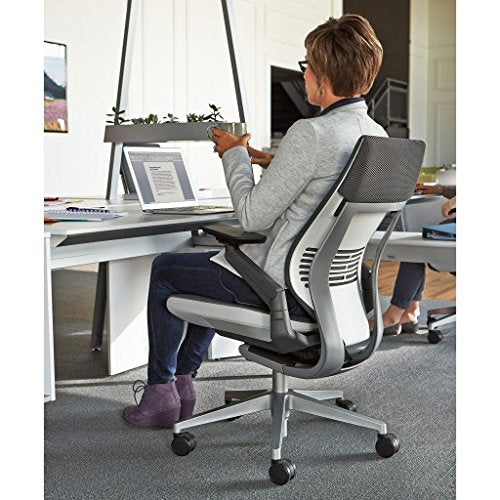 Steelcase Gesture Office Chair - Cogent Connect Scarlet Upholstered Wrapped Back Platinum Metallic Frame Medium Seat Light Seagull Seat/Back Dark Merle Arms (Light/Light) Hard Floor Caster Wheels - Medaid International