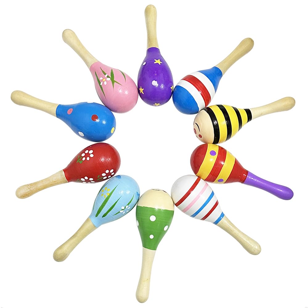 Deermon Lovely 10 Pack Kids Colorful Mini Wooden Maracas, Festival Rattles Egg Shaker Noisemaker Party Favors, Baby Shaker Sand Hammer Mexican Theme Birthday Musical Instruments Hand Percussion Toy - Medaid International