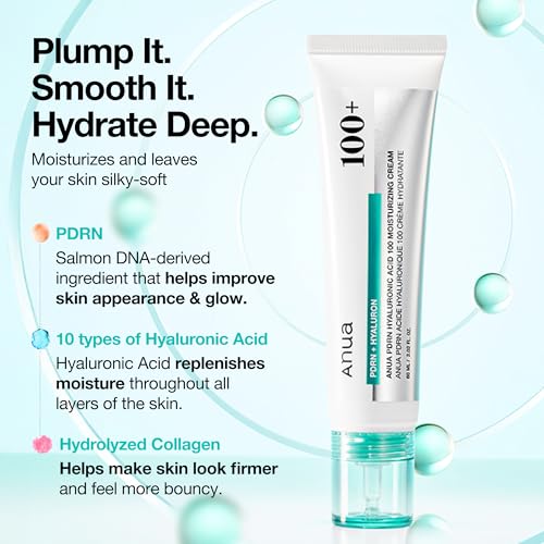 ANUA PDRN Hyaluronic Acid 100 Moisturizing Cream, Lightweight Hydrating Moisturizer with Salmon PDRN, Hyaluronic acid, Collagen for Glass Skin, Korean Skin Care (60ml / 2.02 fl. oz)|B0DWFLY18Y