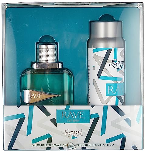 Sapil Rave Perfume for Men Giftset - Long-Lasting Dubai Perfume for Men - Fresh Spicy Aromatic EDT 3.4 Oz + Deodorant 5.1 Oz - Arabic Cologne for Men - Ideal for Everyday Use and Gifting - Medaid International