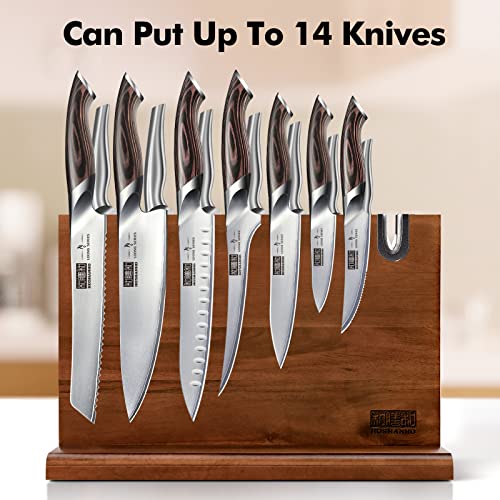 Magnetic Knife Block 14 x 10 Inches, Double Sided Magnetic Knife Holder Rack for Kitchen Counter, Acacia Wood Magnetic Knife Storage Stand with Knife Sharpener|B0BZVF8ZVG