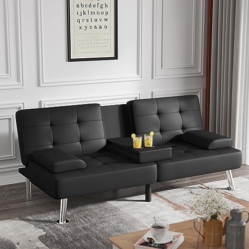 Flamaker Futon Sofa Bed Modern Folding Futon Set Convertible Recliner Lounge for Living Room with 2 Cup Holders, Removable Armrests (PU Leather, Black)|B086RKPN2V