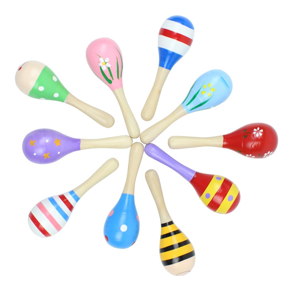 Deermon Lovely 10 Pack Kids Colorful Mini Wooden Maracas, Festival Rattles Egg Shaker Noisemaker Party Favors, Baby Shaker Sand Hammer Mexican Theme Birthday Musical Instruments Hand Percussion Toy - Medaid International