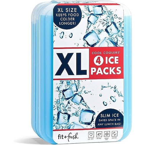 Cool Coolers by Fit & Fresh 4 Pack XL Slim Ice Packs, Quick Freeze Space Saving Reusable Ice Packs for Lunch Boxes or Coolers, Blue, 239ICE, 4 count (Pack of 1)|B07CTXRKH8