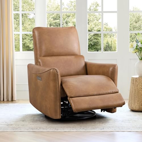 CHITA Power Recliner Chair Swivel Glider, FSC Certified Upholstered Faux Leather Living Room Nursery Reclining Sofa Chair with Lumbar Support, Cognac Brown|B09BYSRP2V
