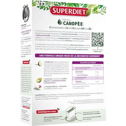 SUPERDIET-QUATUOR DIGESTION BIO-Bien-être du foie -Radis Noir Artichaut Chardon Marie Romarin-Fabrication Française-20 Ampoules de 15ml - Medaid International