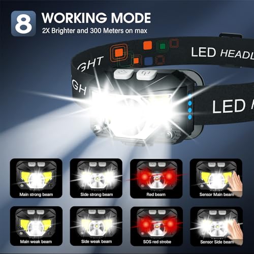 LHKNL Headlamp Flashlight, Lumen Ultra-Light Bright LED Rechargeable Headlight with White Red Light, 2-Pack Waterproof Motion Sensor Head Lamp,8 Modes for Outdoor Camping Running Hiking Fishing|B08D66HCXW