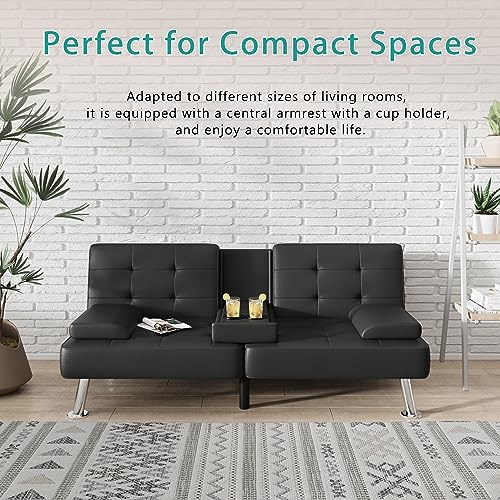Flamaker Futon Sofa Bed Modern Folding Futon Set Convertible Recliner Lounge for Living Room with 2 Cup Holders, Removable Armrests (PU Leather, Black)|B086RKPN2V