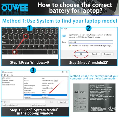 Ouwee - JK6Y6 Laptop Battery for Dell Latitude, Vostro, Inspiron, 40Wh