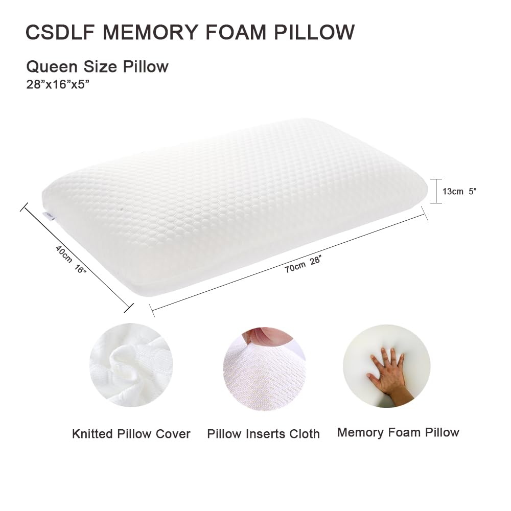 CSDLF Memory Foam Bed Pillows, Pillow for Side and Back Sleeper, Pillow for Neck Pain Relief, Washable Removable Cover, Soft, White (Queen) - Medaid International