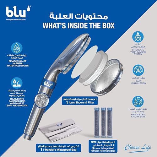 Blu Ionic Shower Head and Shower Filter - Handheld - Removes Chlorine & Harmful Pollutants - Prevent Hair Loss & Moisturize Your Skin, Chrome - Medaid International