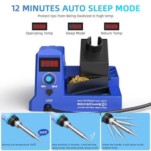 WaxRhyed - 100W Digital Soldering Station Kit with Auto Sleep, 5 Tips & Tweezers