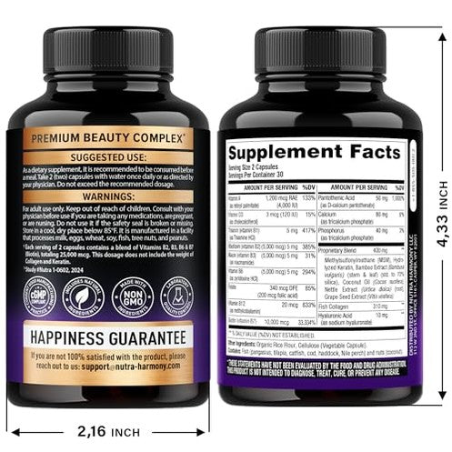 Biotin | Collagen | Hyaluronic Acid | Keratin - Clinically Tested Supplement - Hair Growth Support, Skin & Nails - 25000 mcg Vitamins B2, B3, B6 & B7 + B1 - Made in USA - Women & Men | 60 Capsules - Medaid International