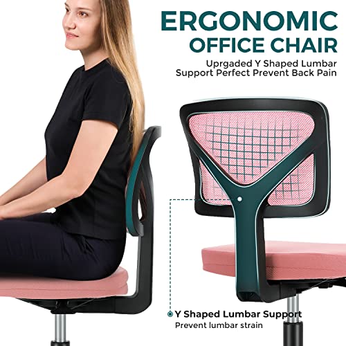 DUMOS Armless Desk Chairs with Wheels, Ergonomic Adjustable Home Office Swivel Rolling Task Chair No Arms, Comfy Mesh Mid Back Computer Work Vanity Desk Seat for Small Spaces, Light Pink - Medaid International