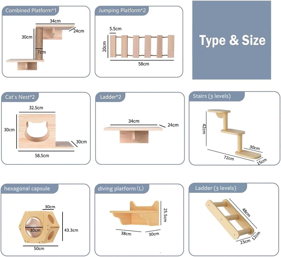 NeoStyle 9 Pcs Wall Shelf Set - Cat Furniture With 4 Shelves, 2 Houses, 2 Ladders and Scratching Post - Floating Wooden Climbing Perch - Medaid International