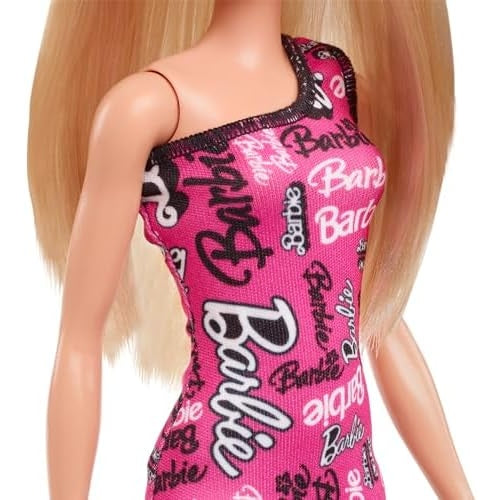 Barbie Fashion Doll with Straight Blonde Hair Wearing Removable Pink Dress & Shoes with Logo Print - Medaid