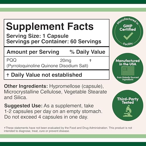 PQQ Supplement - 20mg, 60 Capsules (Pyrroloquinoline Quinone) Promotes Mitochondria ATP Coenzyme Levels, Energy Optimizer and Sleep Support (Non-GMO, Gluten Free, Vegan Safe) by Double Wood - Medaid International