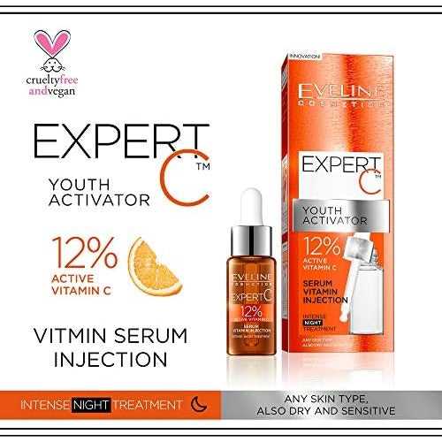 Eveline Cosmetics Expert C Youth Activator Intense Night Treatment Serum | Infused with 12% Active Vitamin C | For All Skin Types including Sensitive | 18ml - Medaid