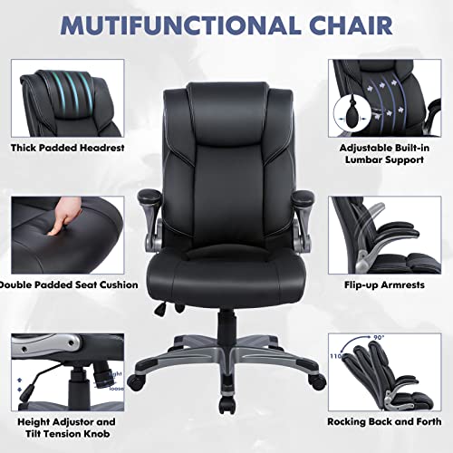 COLAMY High Back Executive Office Chair- Ergonomic Home Computer Desk Leather Chair with Padded Flip-up Arms, Adjustable Tilt Lock, Swivel Rolling Chair for Adult Working Study-Black - Medaid International
