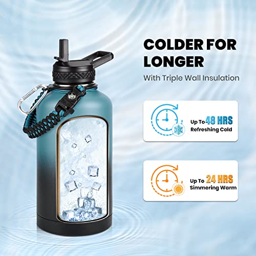 Insulated Water Bottle 64 oz, Triple Wall Vacuum Stainless Steel (Cold for 48 Hrs), Leak Proof & Non-BPA, Half Gallon Water Flask Jug with Paracord Handle & Straw Spout Lids|B0BZZT6B84