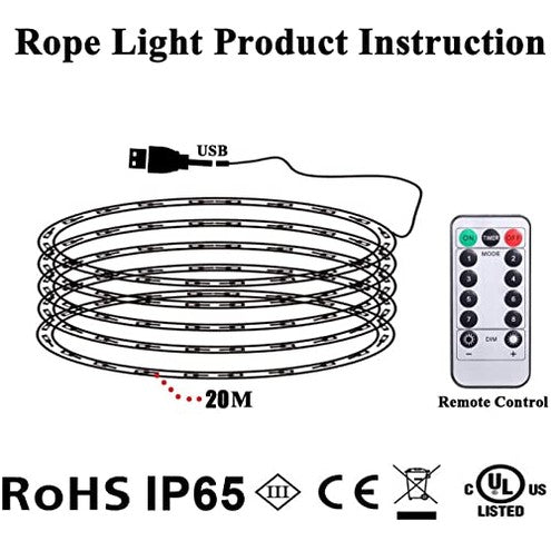 Afufu - 20m RGBY LED Tube Light, IP65 Waterproof, 8 Remote Modes, Timer