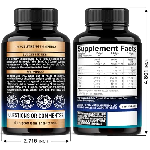 Omega 3 Fish Oil 3600 mg - Omega 3 Supplement | EPA & DHA - Heavy Metals Free - Heart, Brain & Joint Support - Purified Fish Oil for Men & Women - Lemon Flavored - Made in USA, 90 Softgels - Medaid International