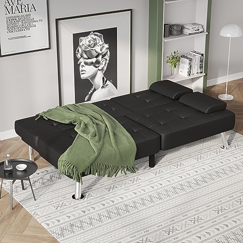 Flamaker Futon Sofa Bed Modern Folding Futon Set Convertible Recliner Lounge for Living Room with 2 Cup Holders, Removable Armrests (PU Leather, Black)|B086RKPN2V