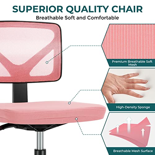 DUMOS Armless Desk Chairs with Wheels, Ergonomic Adjustable Home Office Swivel Rolling Task Chair No Arms, Comfy Mesh Mid Back Computer Work Vanity Desk Seat for Small Spaces, Light Pink - Medaid International
