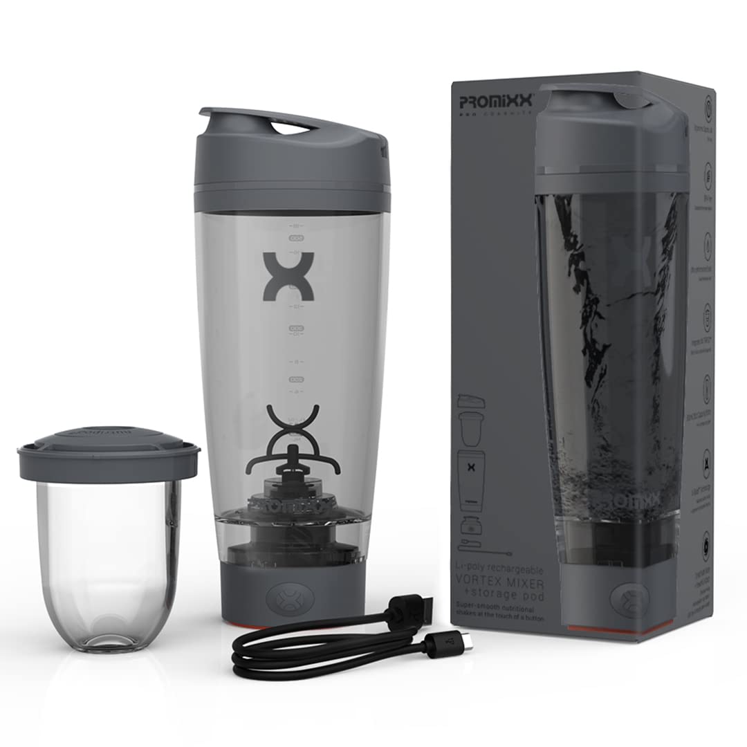 Promixx Pro Shaker Bottle | Rechargeable, Powerful for Smooth Protein Shakes | includes Supplement Storage - BPA Free | 20oz Cup (Graphite Gray) - Medaid International