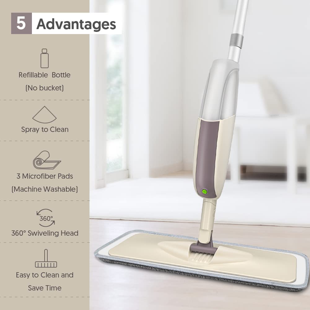 HOMTOYOU Spray Mops for Floor Cleaning: Wet Floor Mop with 3 Washable Microfiber Pads for Hardwood Laminate Wood Vinyl Ceramic Tiles Home Kitchen - Medaid International