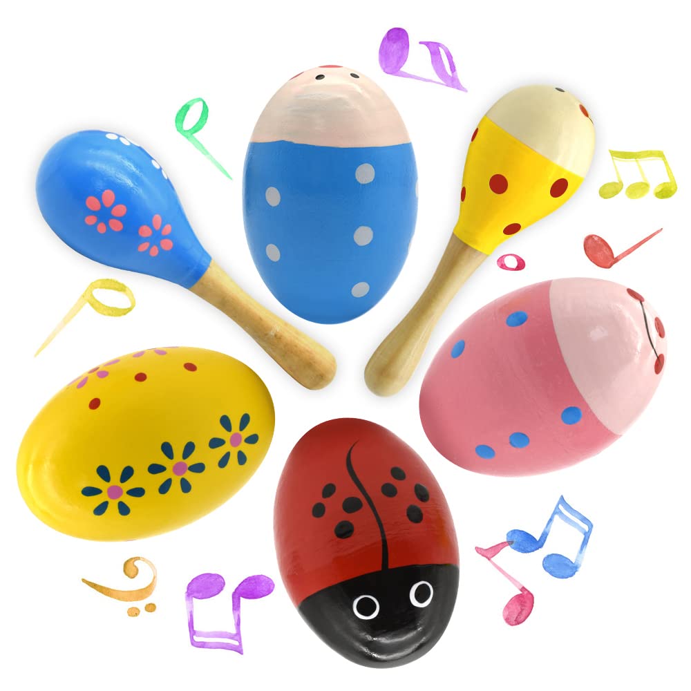 Wooden Easter Eggs Shakers Toys, Maracas Kids Hand Percussion Shakers Percussion Musical for Party Favors Kids Easter Basket Stuffers, 4 Pack Easter Eggs with 2 Shaker Sand Hammer Kit - Medaid International