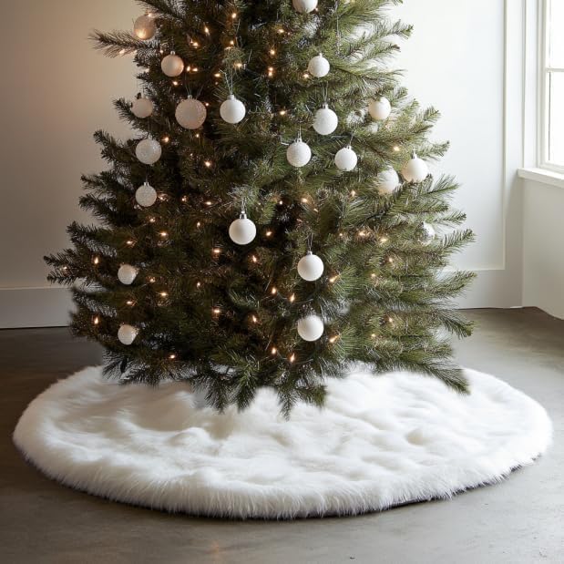 AISENO 48 Inch White Faux Fur Christmas Tree Skirt, Luxury Plush Tree Base Cover for Holiday Party and Home Christmas Decor - Medaid International