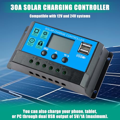 30A - PWM Solar Charge Controller, 12V/24V, USB, LCD Display, Multiple Modes