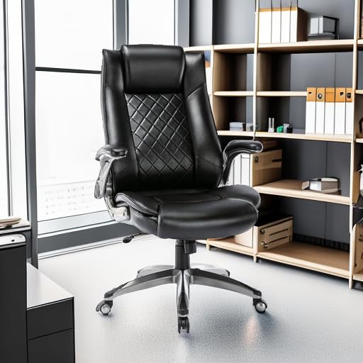 Executive Office Chair-Ergonomic Computer Desk Chair, High Back Leather Chair with Padded Flip-up Arms, Swivel Home Office Chair Upgraded Caster-Black - Medaid International