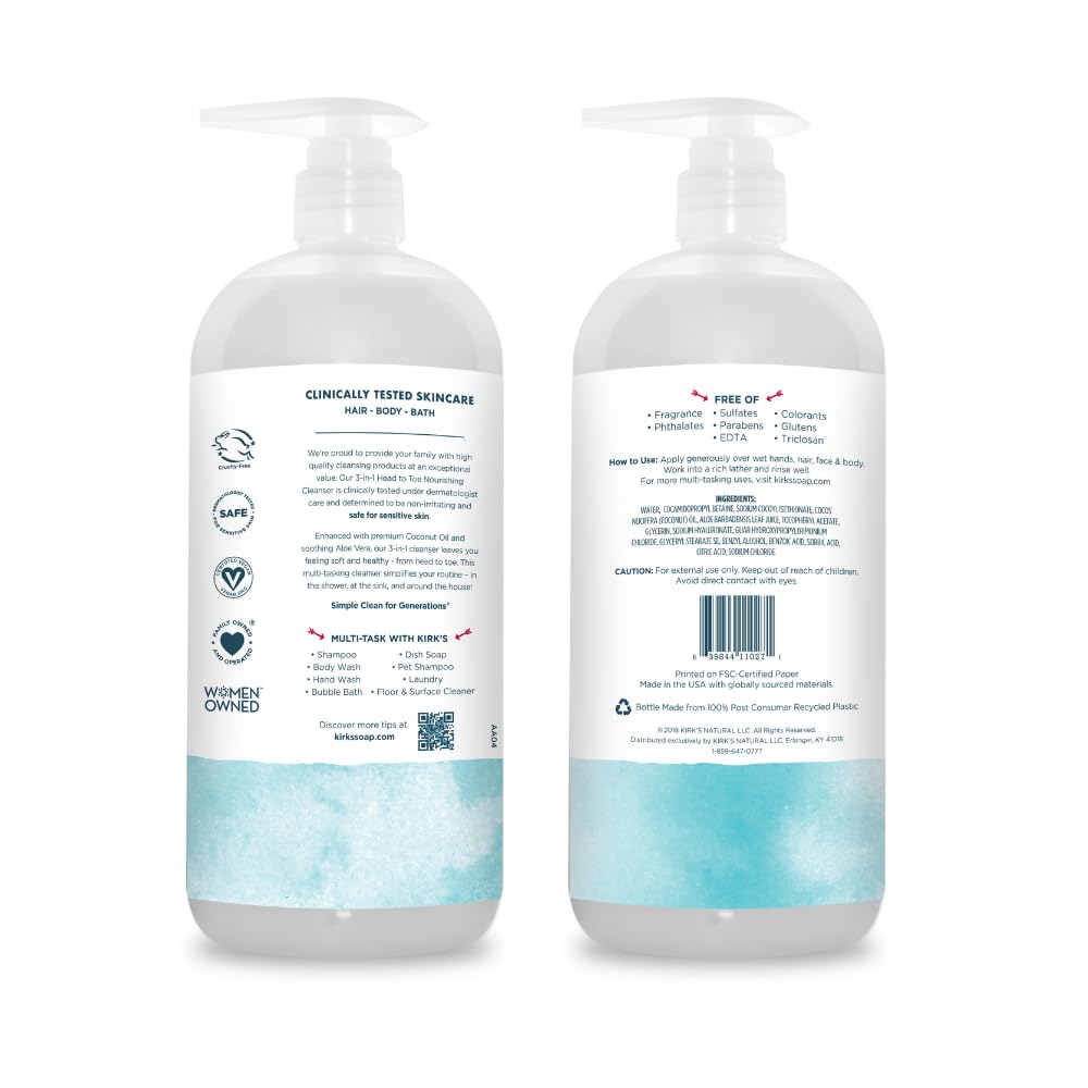 Kirk's 3-in-1 Head to Toe Nourishing Liquid Cleanser- for Men, Women & Children - Premium Coconut Oil & Aloe Vera- Non GMO & Vegan -Fragrance Free - 32 Fl Oz. - Medaid International