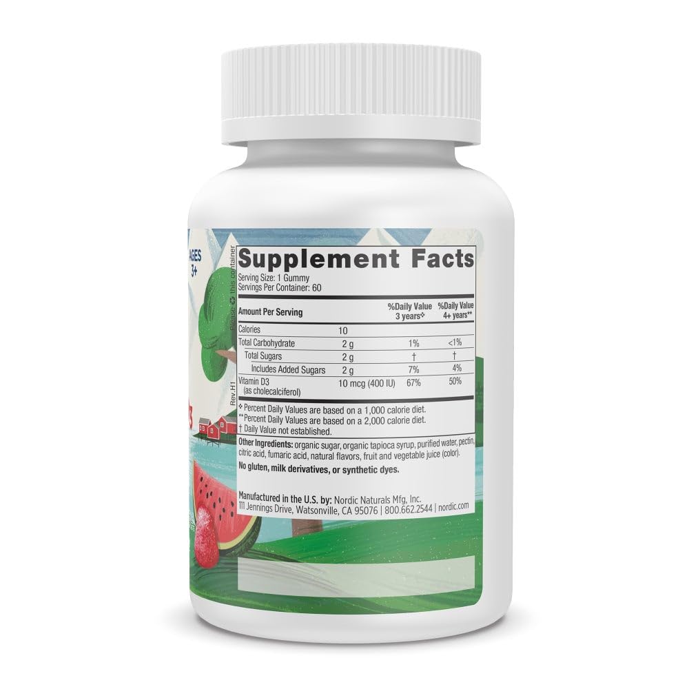 Nordic Naturals Vitamin D3 Gummies Kids, Wild Watermelon Splash - 60 Gummies - 400 IU Vitamin D3 - Bone Health, Healthy Immunity - Non-GMO, Vegetarian - 60 Servings - Medaid International