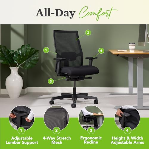 HON Ignition 2.0 Mid Back Task Chair, Advanced Synchro-Tilt Control, Office Chair with Lumbar Support, Height and Width Adjustable Arms, Black Frame, Black|B06Y3PGPR2