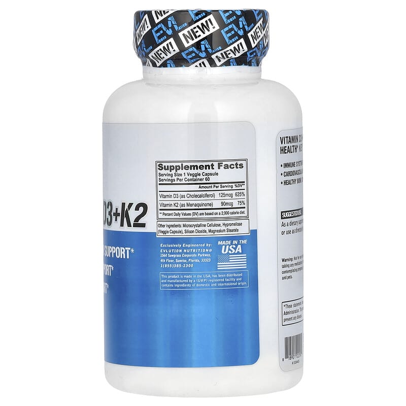 EVLution Nutrition, Vitamin D3+K2, 60 Veggie Capsules - Medaid International