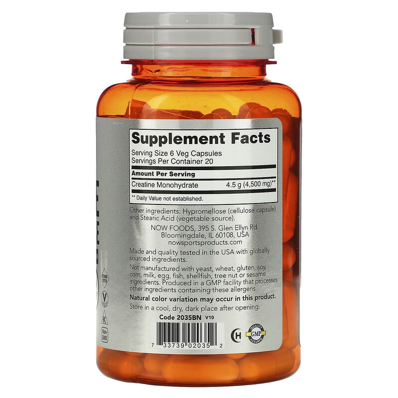 NOW Foods, Sports, Creatine Monohydrate, 4,500 mg, 120 Veg Capsules (750 mg per Capsule) - Medaid International